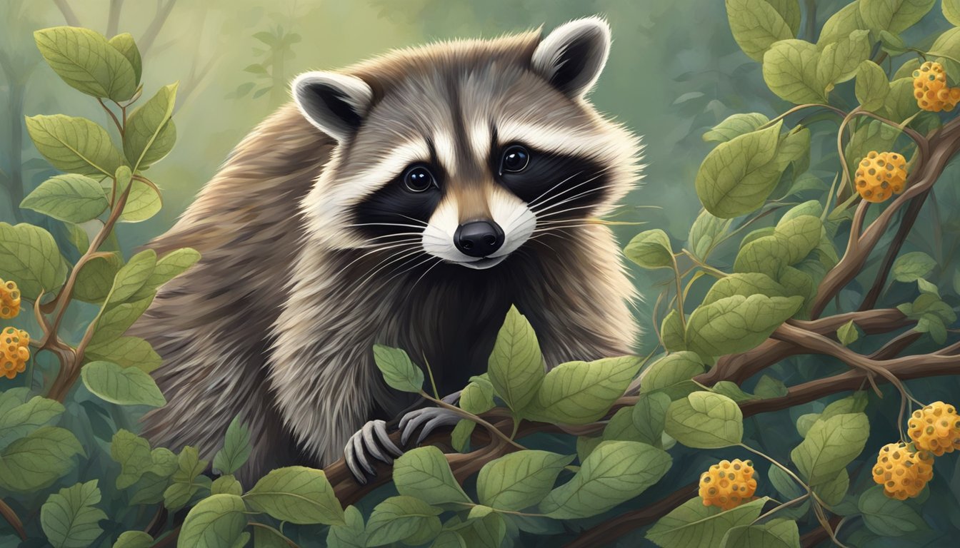 A raccoon carefully picks dewberries from thorny vines, avoiding snakes and other hazards in the dense underbrush