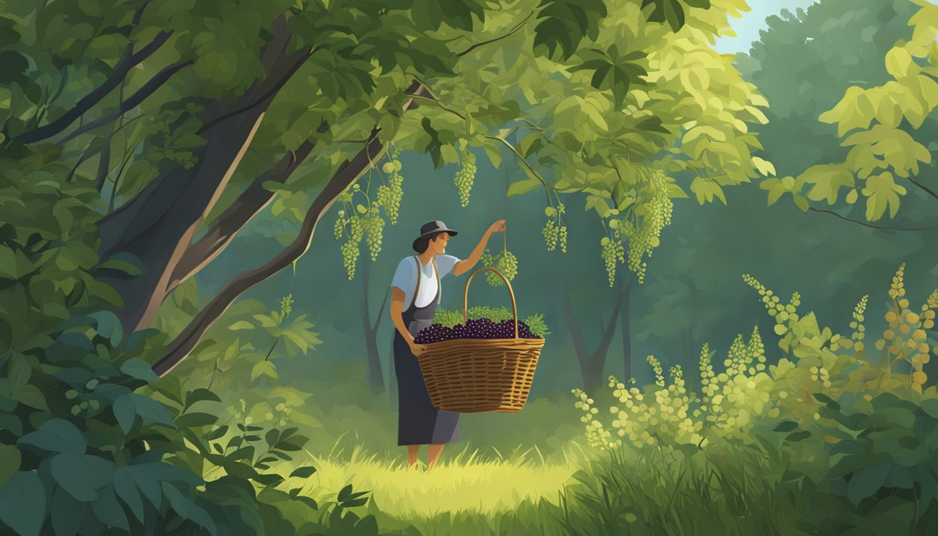 A lush forest clearing with various elderberry bushes, ripe berries dangling from the branches, and a figure carefully gathering them into a basket