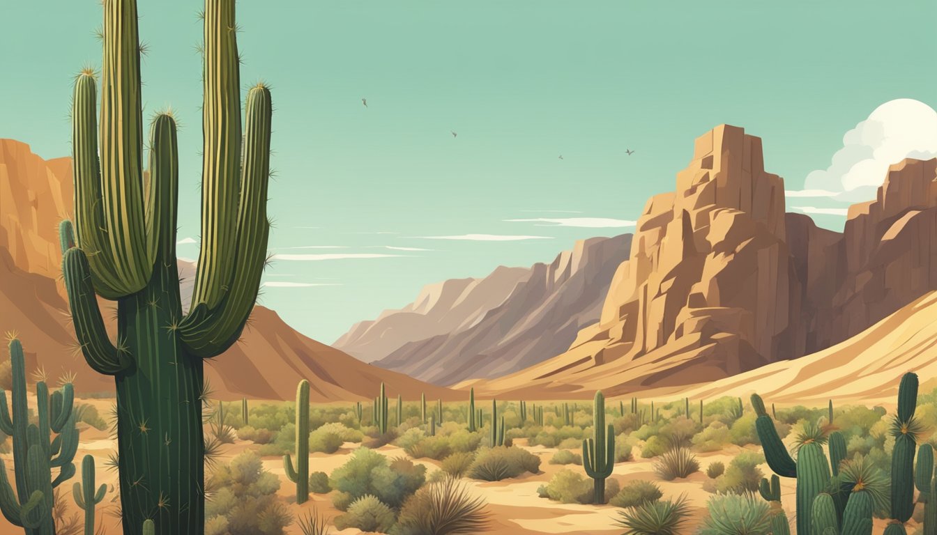 A desert landscape with a towering saguaro cactus, ripe with seeds. A figure carefully collects the seeds in a sustainable and ethical manner