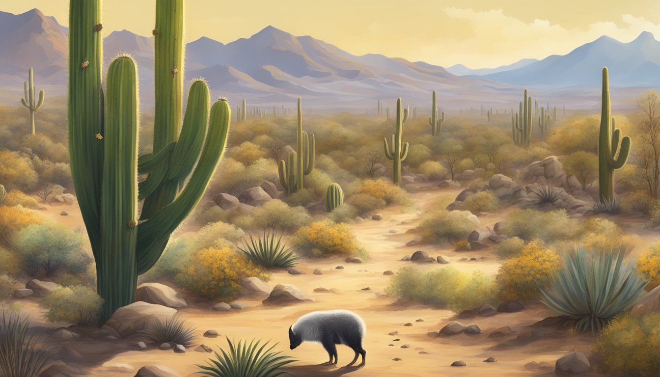 A desert landscape with a saguaro cactus towering over the scene, ripe seeds scattered on the ground, and animals foraging for the nutritious seeds