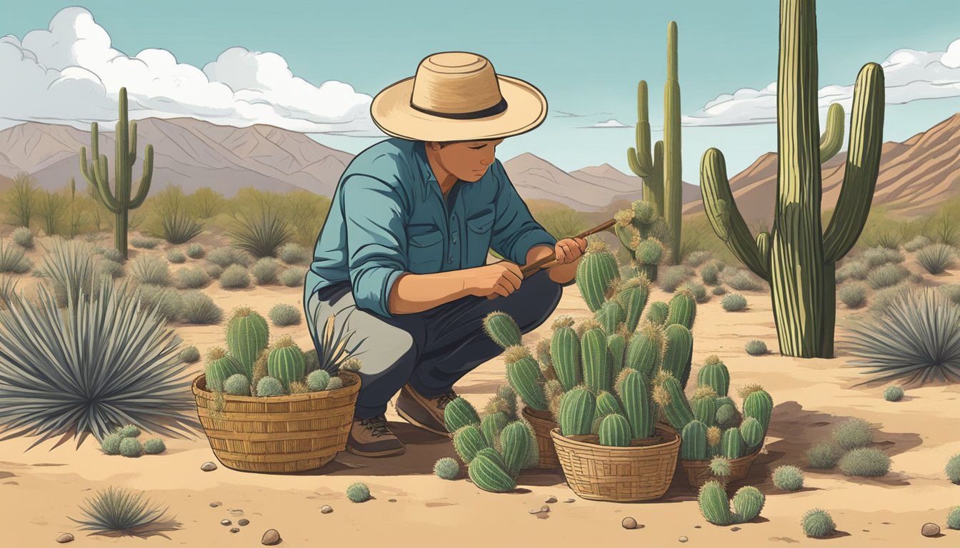 A person squatting next to a saguaro cactus, using a stick to forage and harvest saguaro seeds into a woven basket