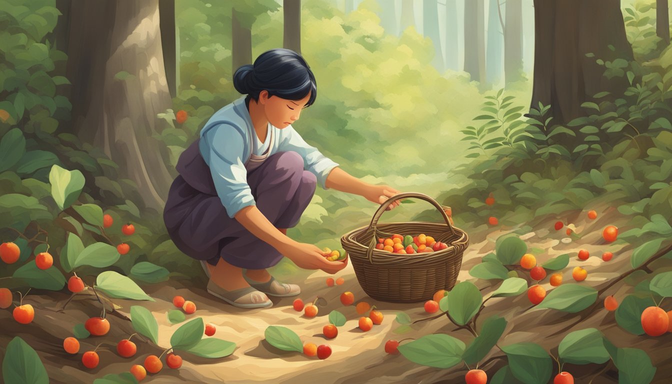 A figure gathers sand cherries from the forest floor, using a small basket and carefully selecting ripe fruit