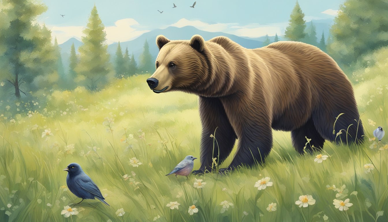 A bear and a bird forage sand cherries in a grassy meadow