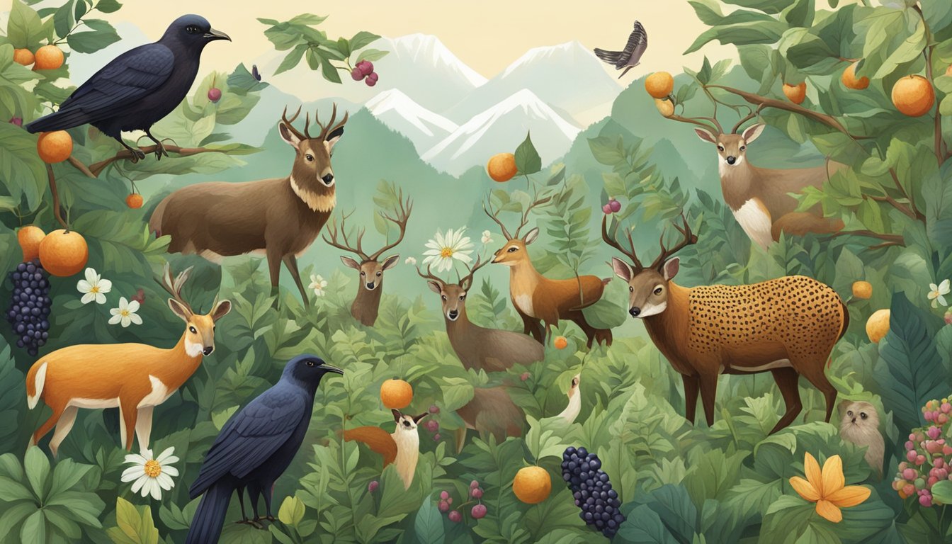 A group of animals gather elderberries in a lush forest, surrounded by symbols of cultural significance and folklore