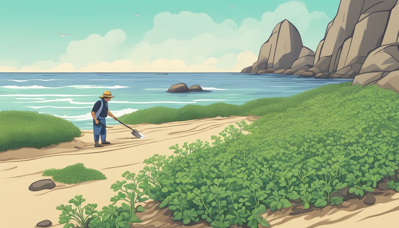 A rocky beach with sea rocket plants growing in the sand. A person is carefully harvesting the plants with a small knife and a basket