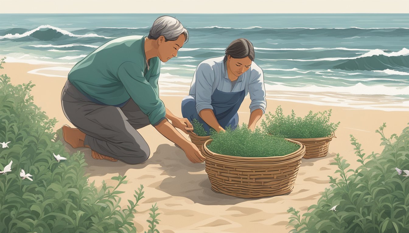 A figure crouches on a sandy shore, carefully plucking sea rocket plants from the ground and placing them in a woven basket. Waves crash in the background as seagulls circle overhead