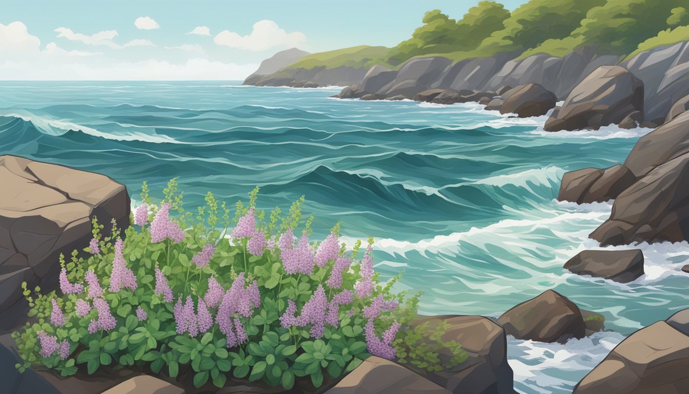 A rocky coastline with waves crashing, sea rocket plants growing among the rocks, and someone gathering the plants into a basket