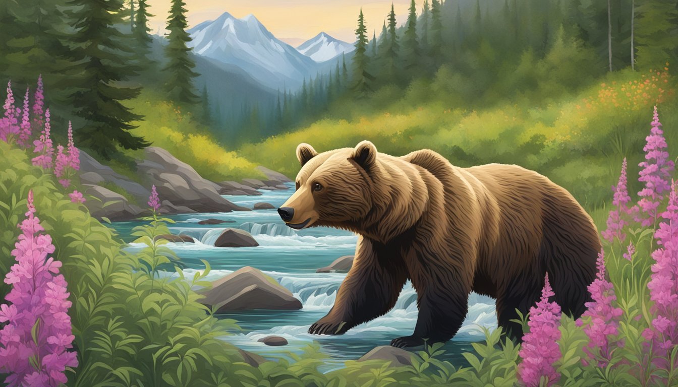 A bear forages for fireweed in a lush meadow, surrounded by diverse plant life and a clear stream