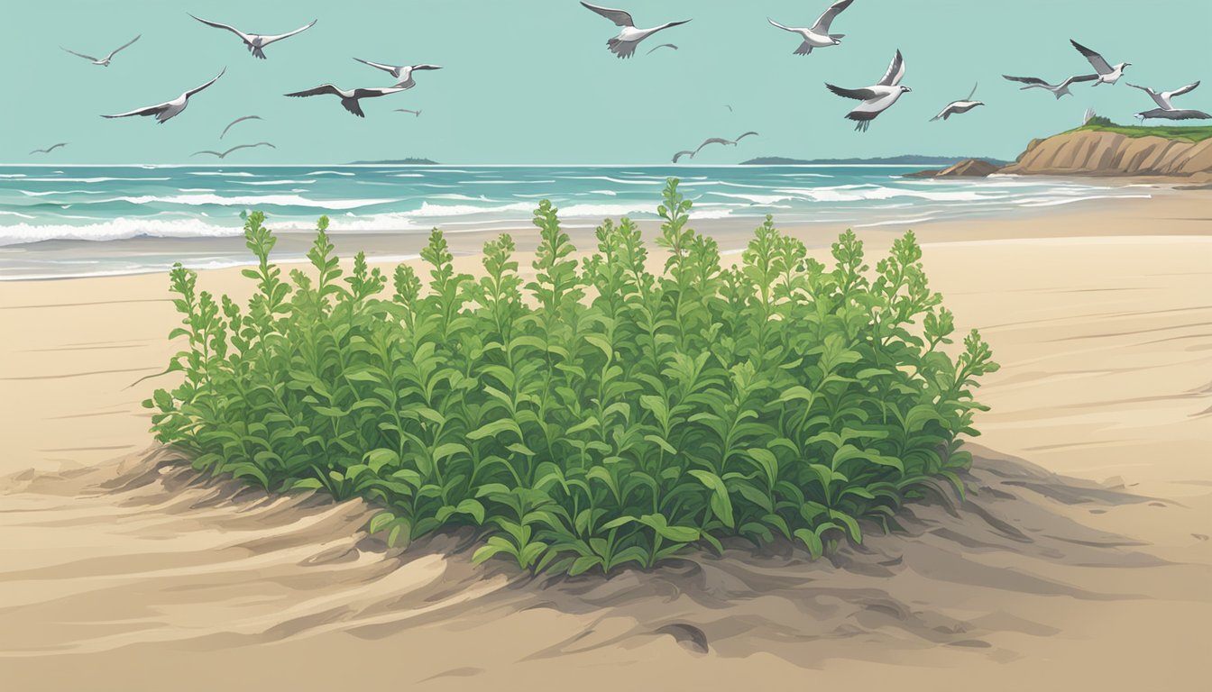 Sea rocket plants growing on a sandy beach, with waves crashing in the background and seagulls flying overhead