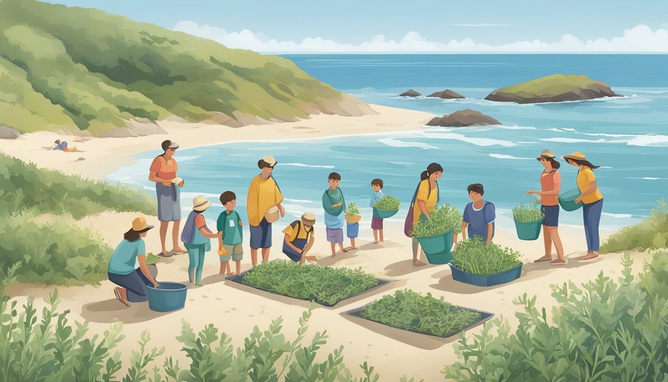 A group of people gather on the sandy shore, collecting sea rocket plants and engaging in educational activities about coastal foraging. They work together to harvest the edible greens while enjoying the natural beauty of the beach