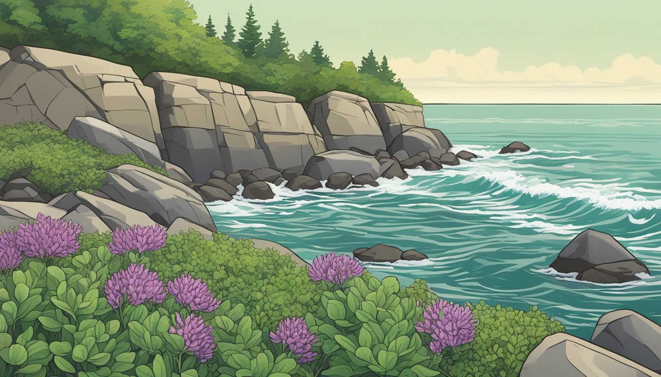 A rocky shoreline with waves crashing, sea rocket plants growing among the rocks, and a forager collecting the edible green leaves