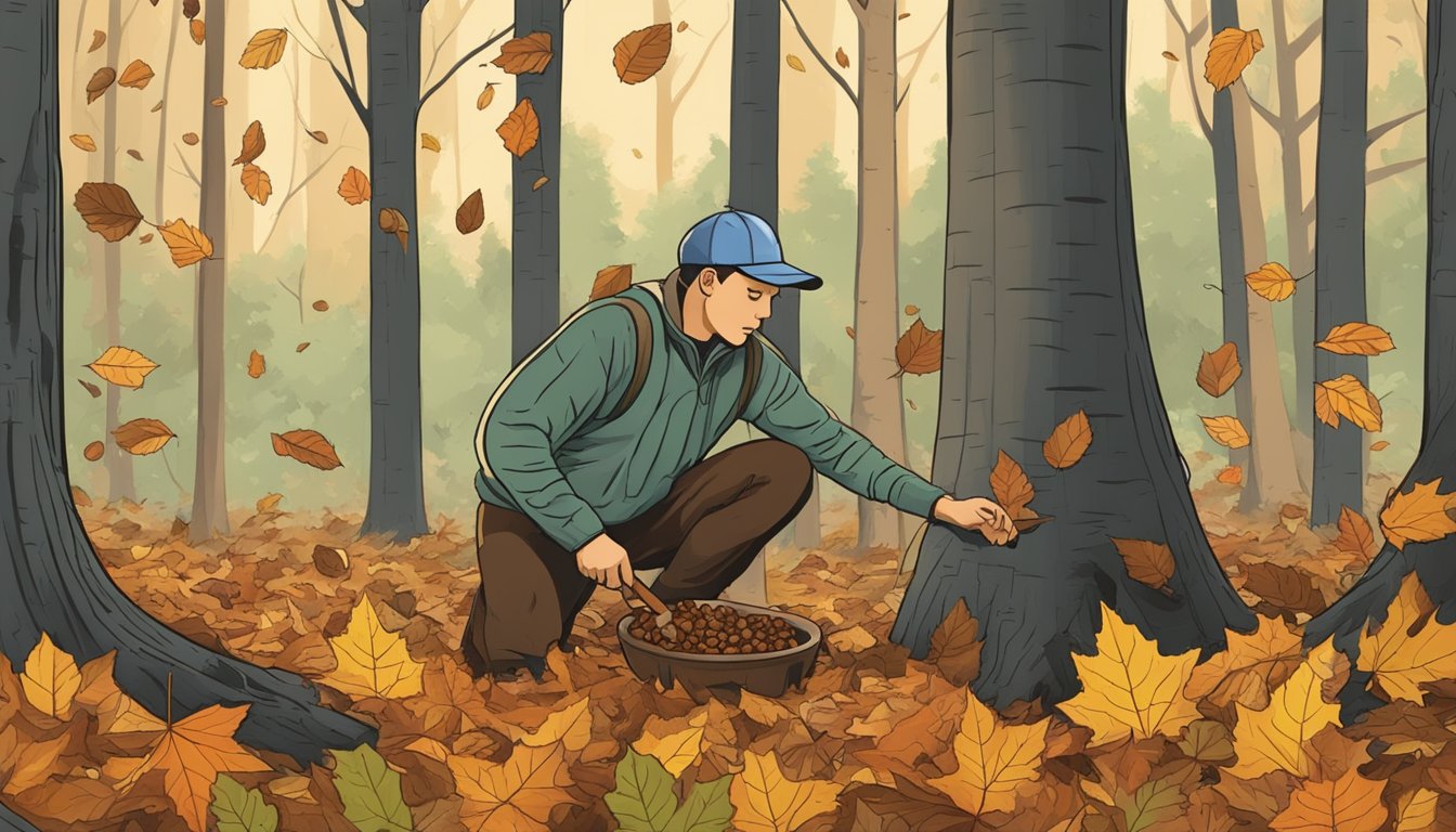 A person collecting shagbark hickory nuts from the forest floor, surrounded by tall trees and fallen leaves