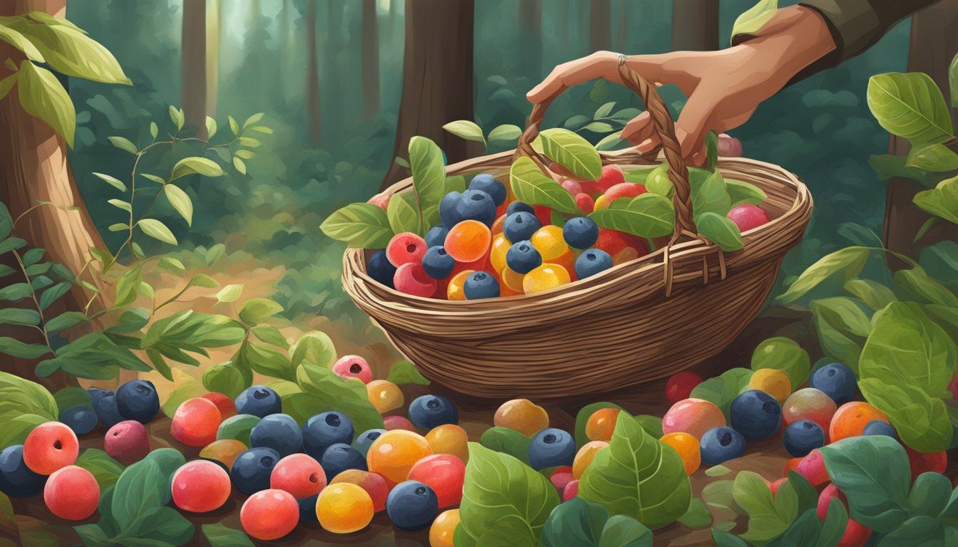 A figure collecting sour gum berries in a forest, placing them into a woven basket and preserving them in glass jars