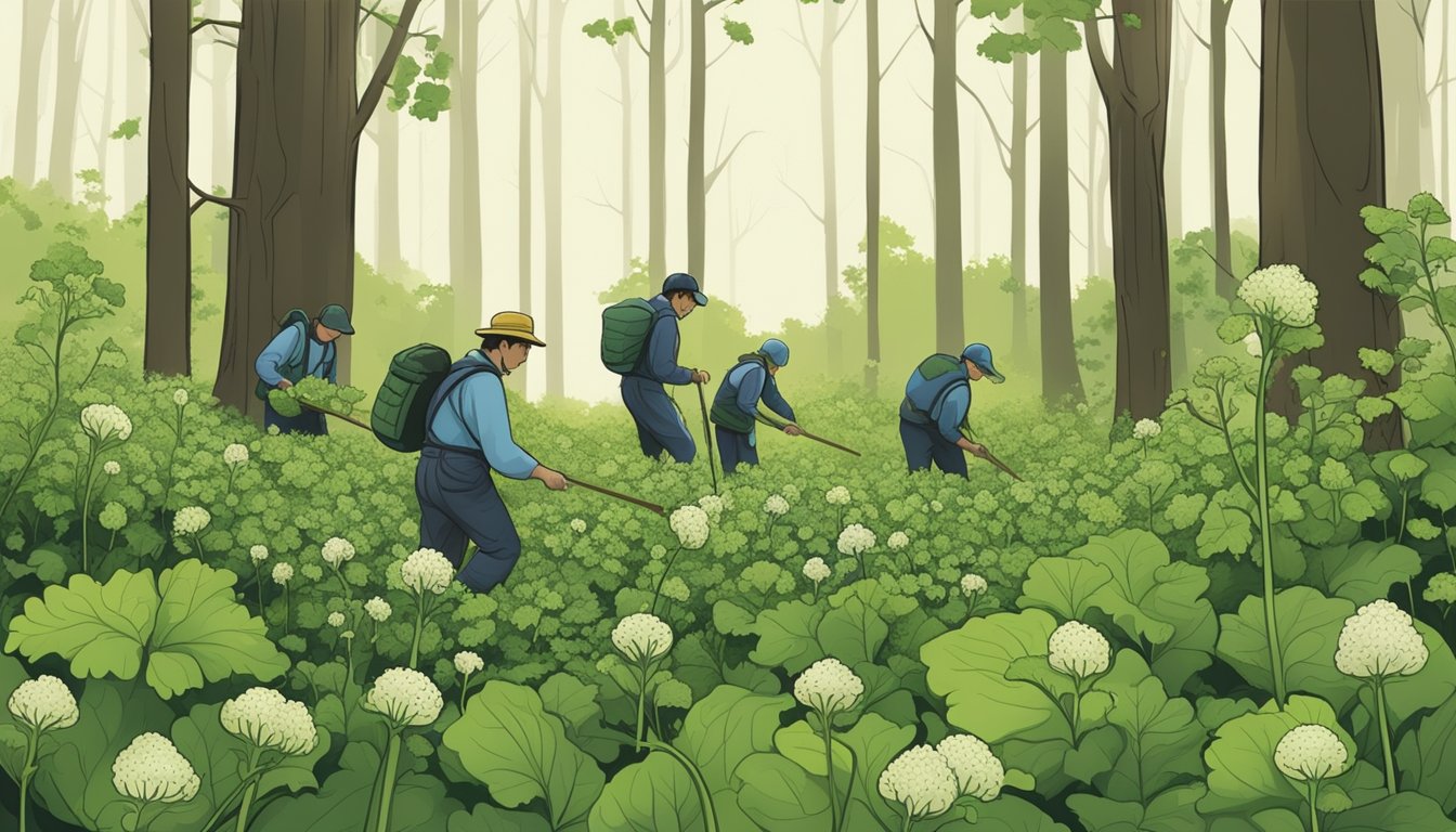 Garlic mustard being foraged and harvested in a lush forest clearing