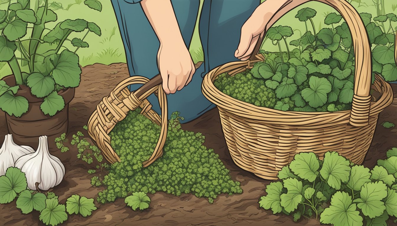 A person pulling garlic mustard plants from the ground and placing them in a basket, surrounded by other plants and tools