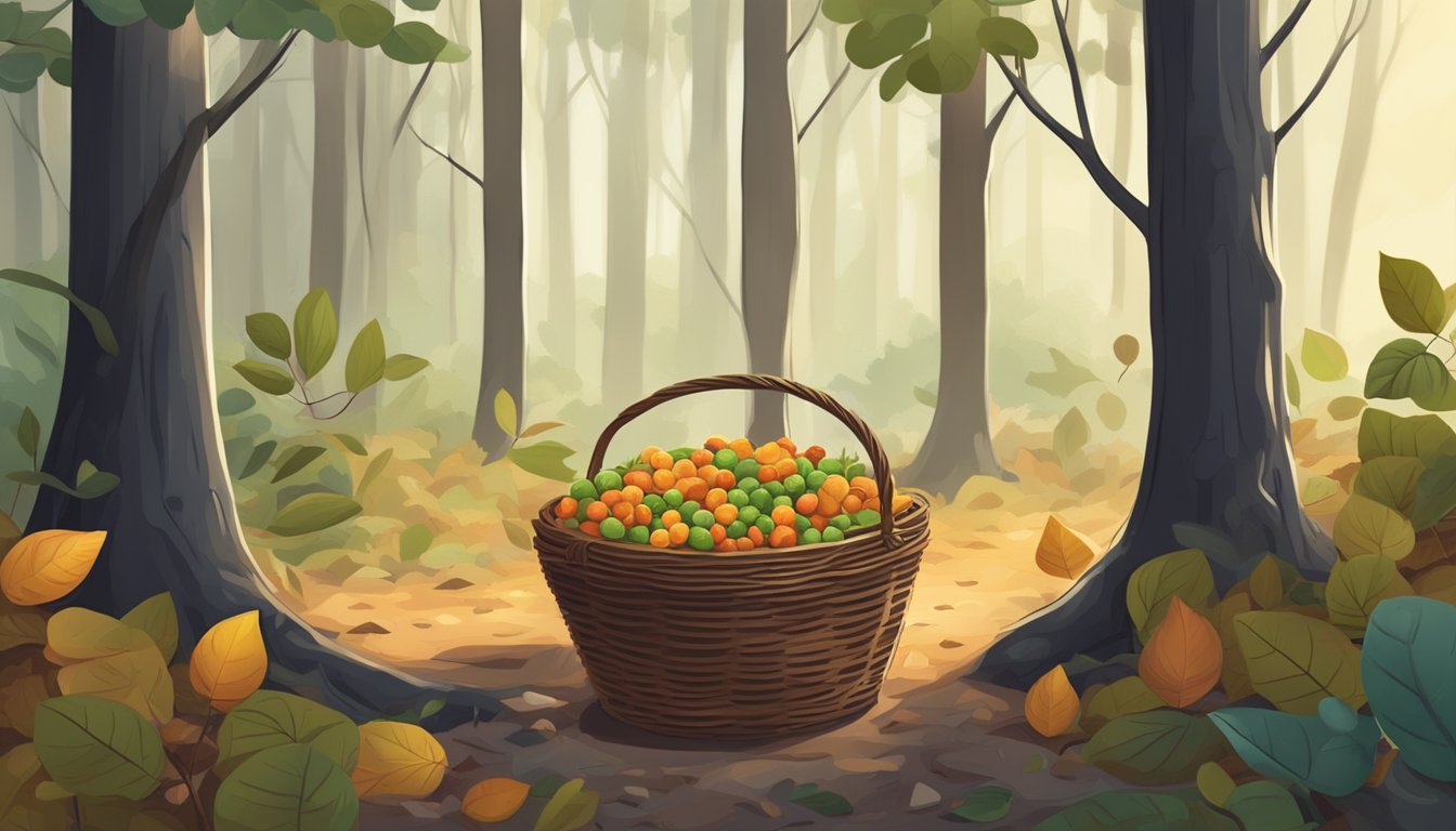 A forest floor with scattered leaves and twigs, surrounded by tall trees. A small pile of sour gum berries and a gathering basket