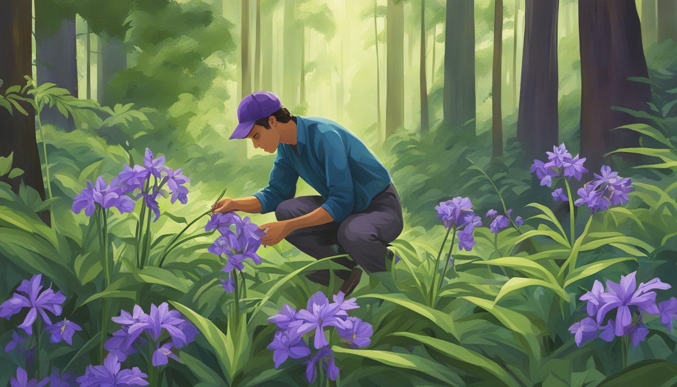 A person foraging spiderwort in a lush forest, carefully plucking the vibrant green leaves and delicate purple flowers