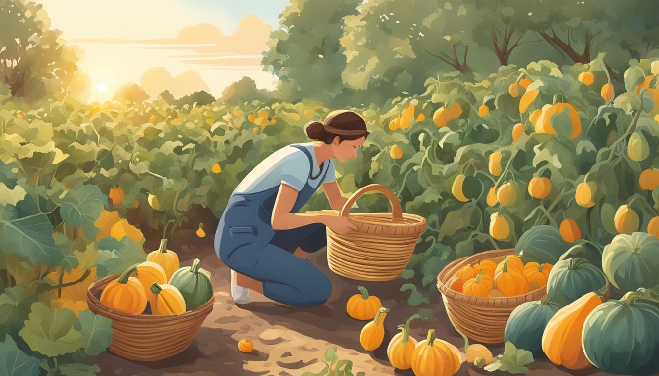 A person gathering ripe squash from a lush garden, surrounded by various tools and baskets for harvesting. The sun is shining, and the air is filled with the earthy scent of the plants