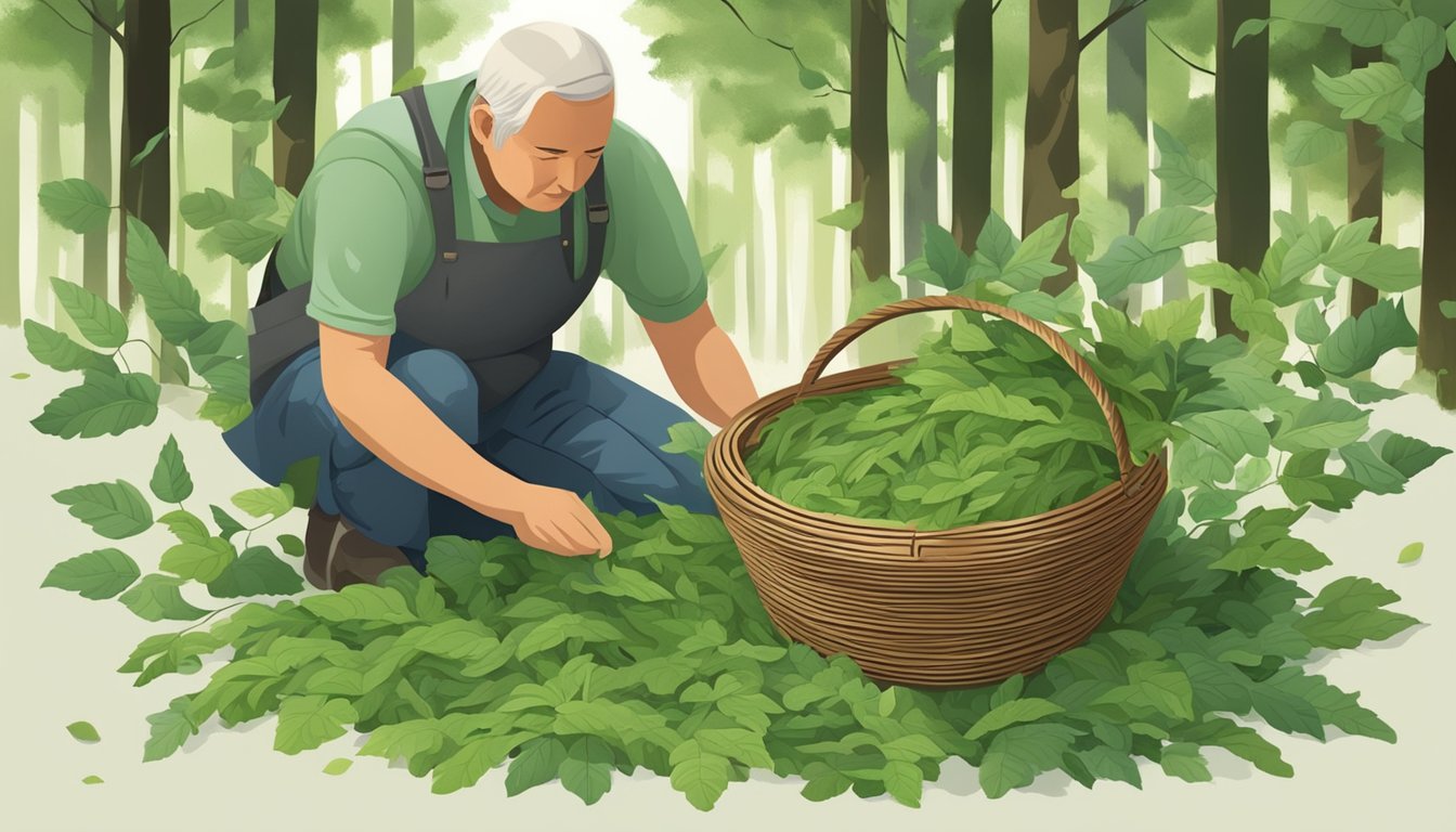 A figure carefully collects green ash leaves and branches from a forest floor, gathering them into a woven basket