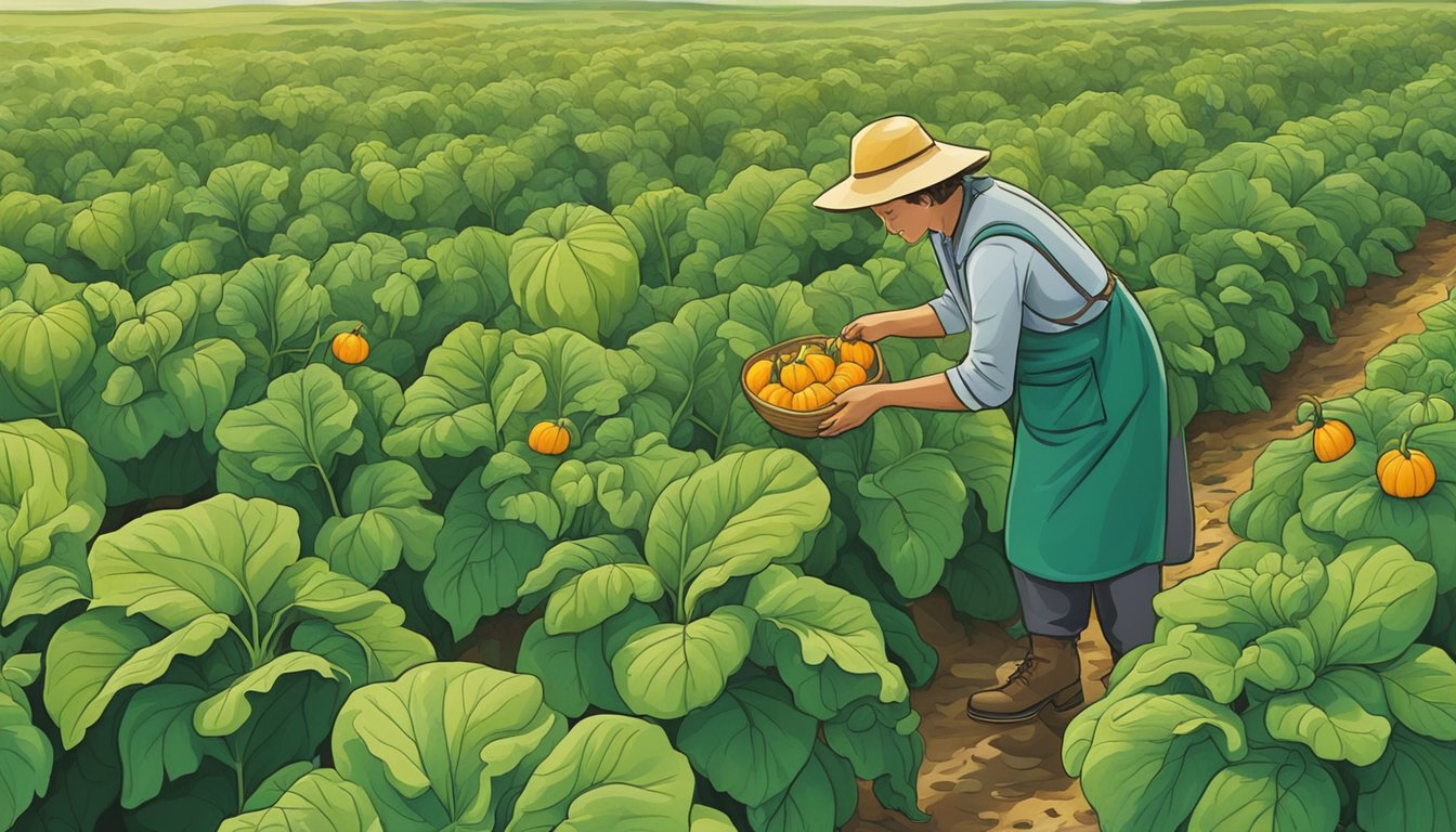 A person using a small sickle to harvest ripe squash from a field surrounded by tall, green plants