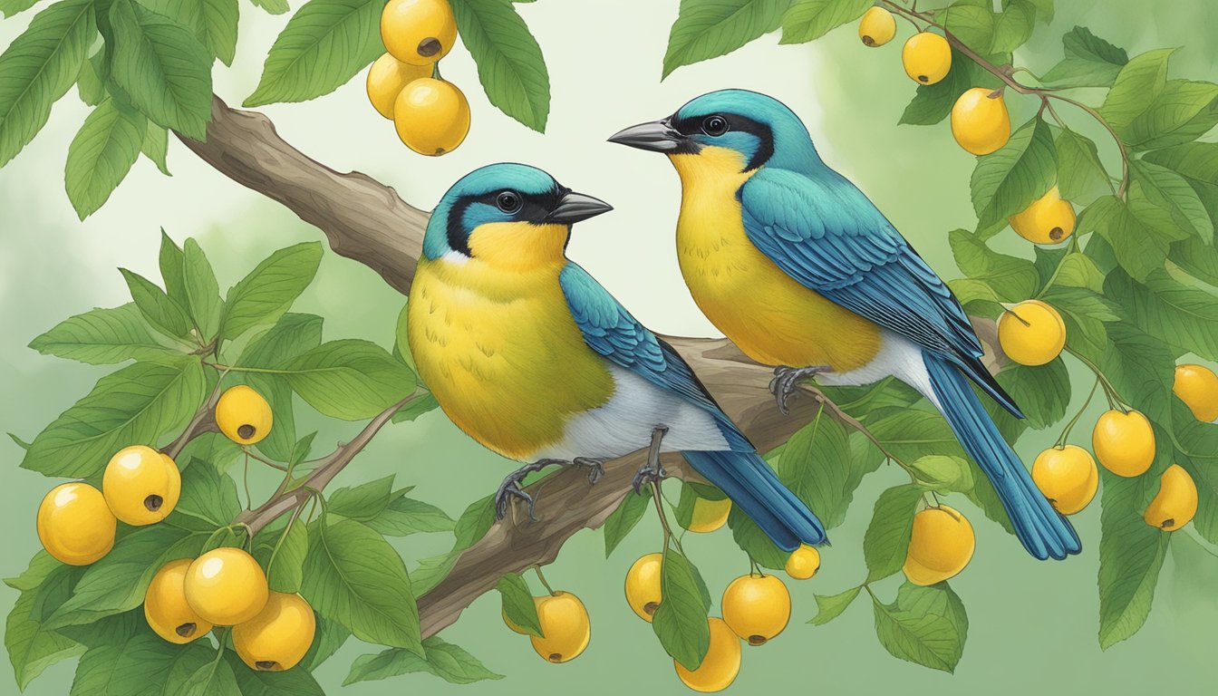 Two birds foraging and harvesting green ash berries from a tree