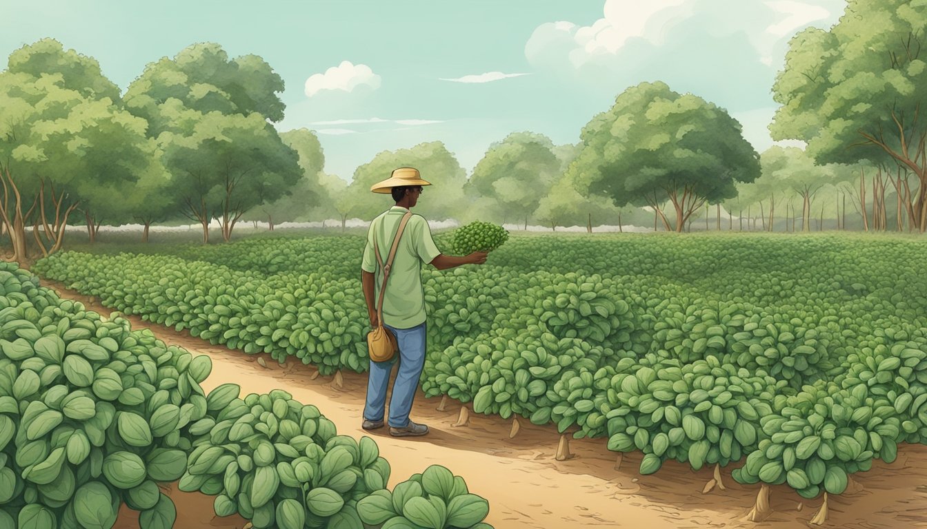 A garden with lush green groundnut plants, ripe pods ready for harvest, and a person foraging the groundnuts