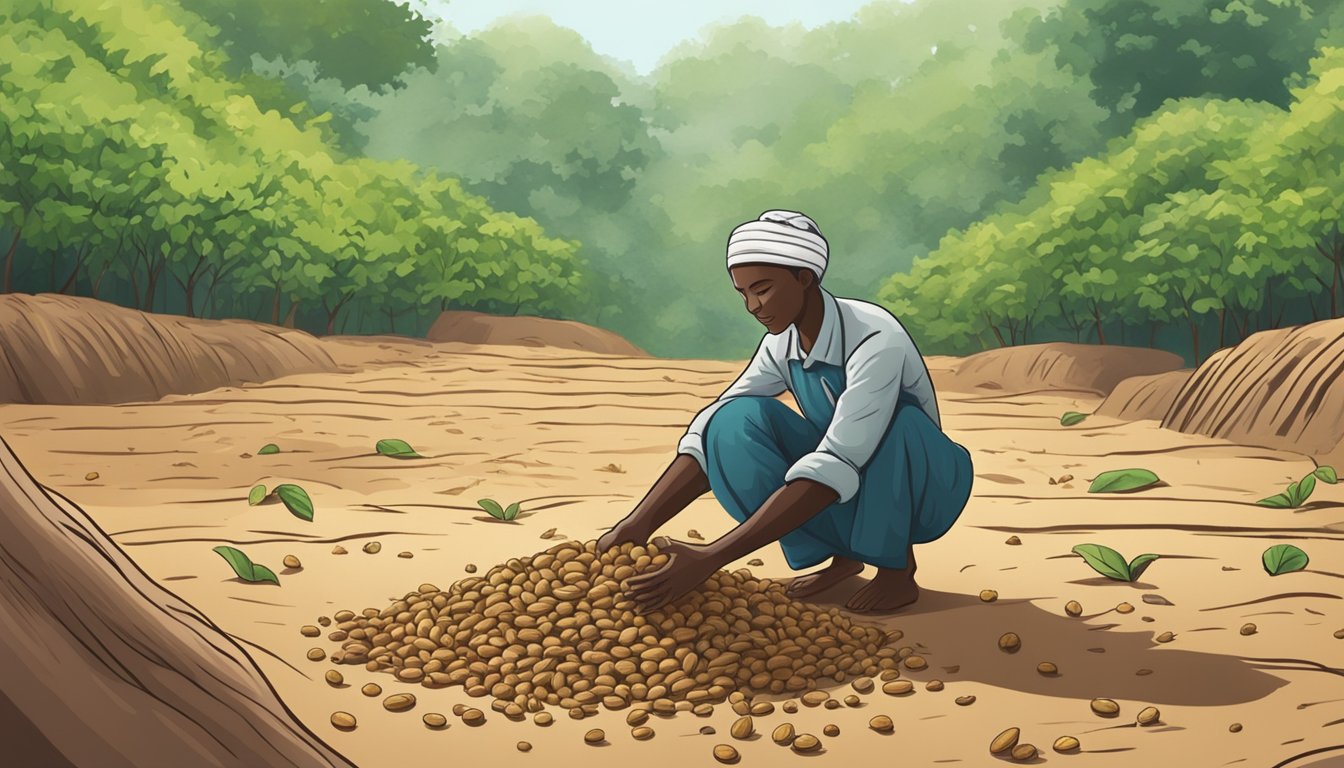 A person gathering groundnuts from the earth, surrounded by lush greenery and healthy soil