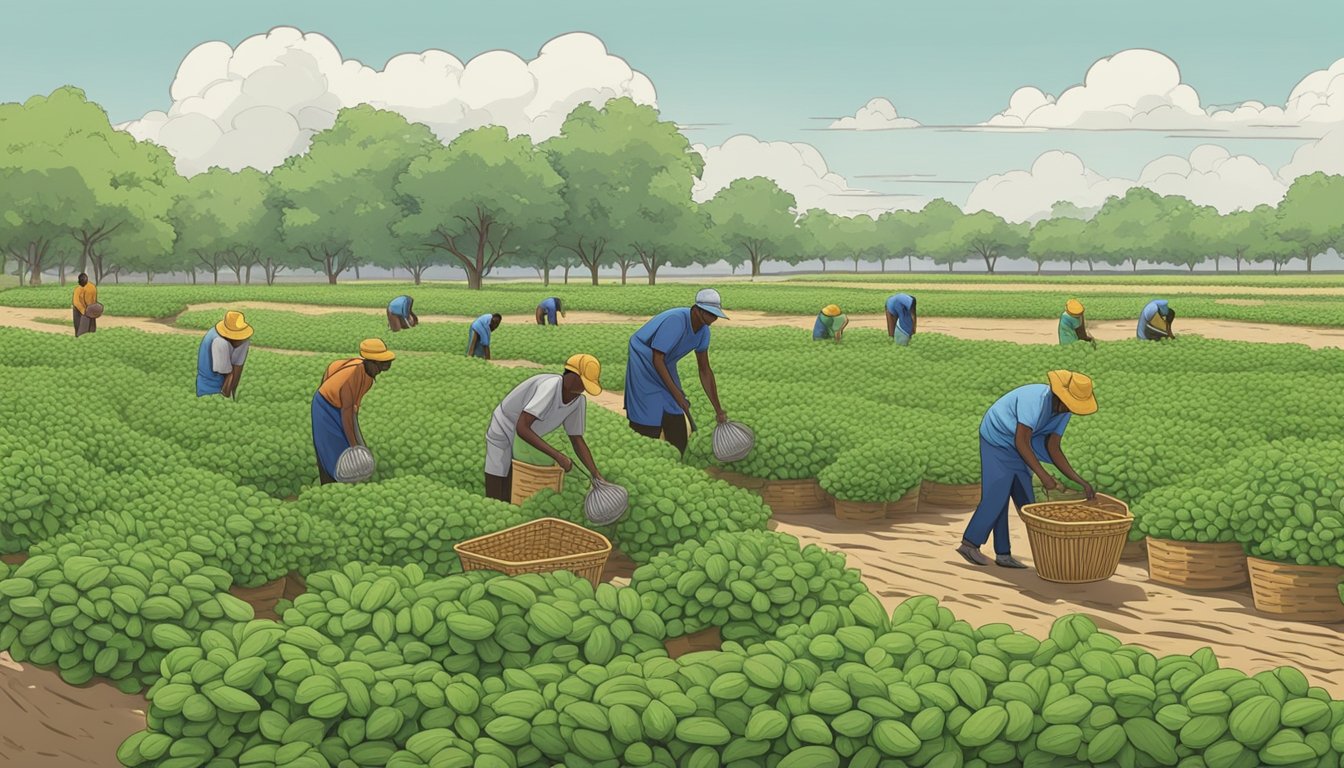 A field of mature groundnut plants being carefully harvested by researchers, with baskets filled with freshly picked groundnuts nearby