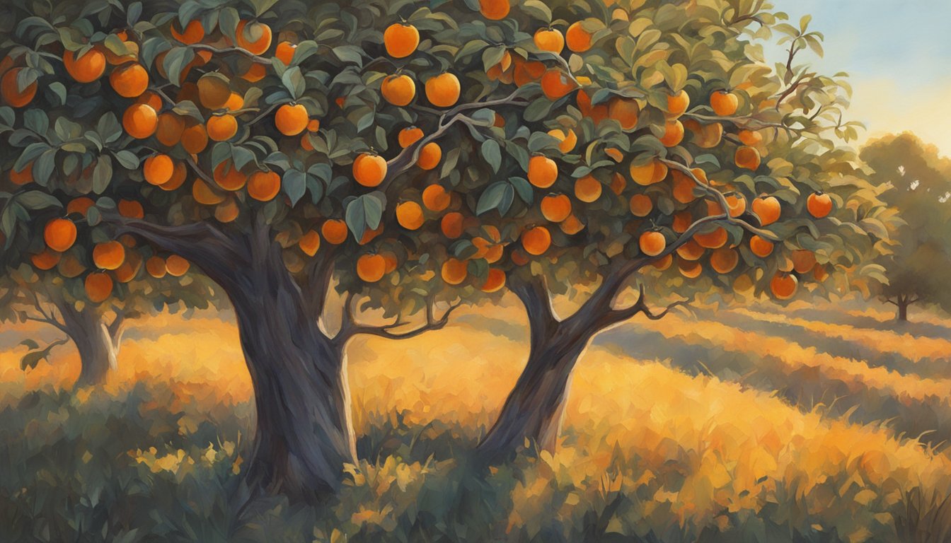 A lone figure gathers ripe Texas persimmons from a thorny tree in the late afternoon light