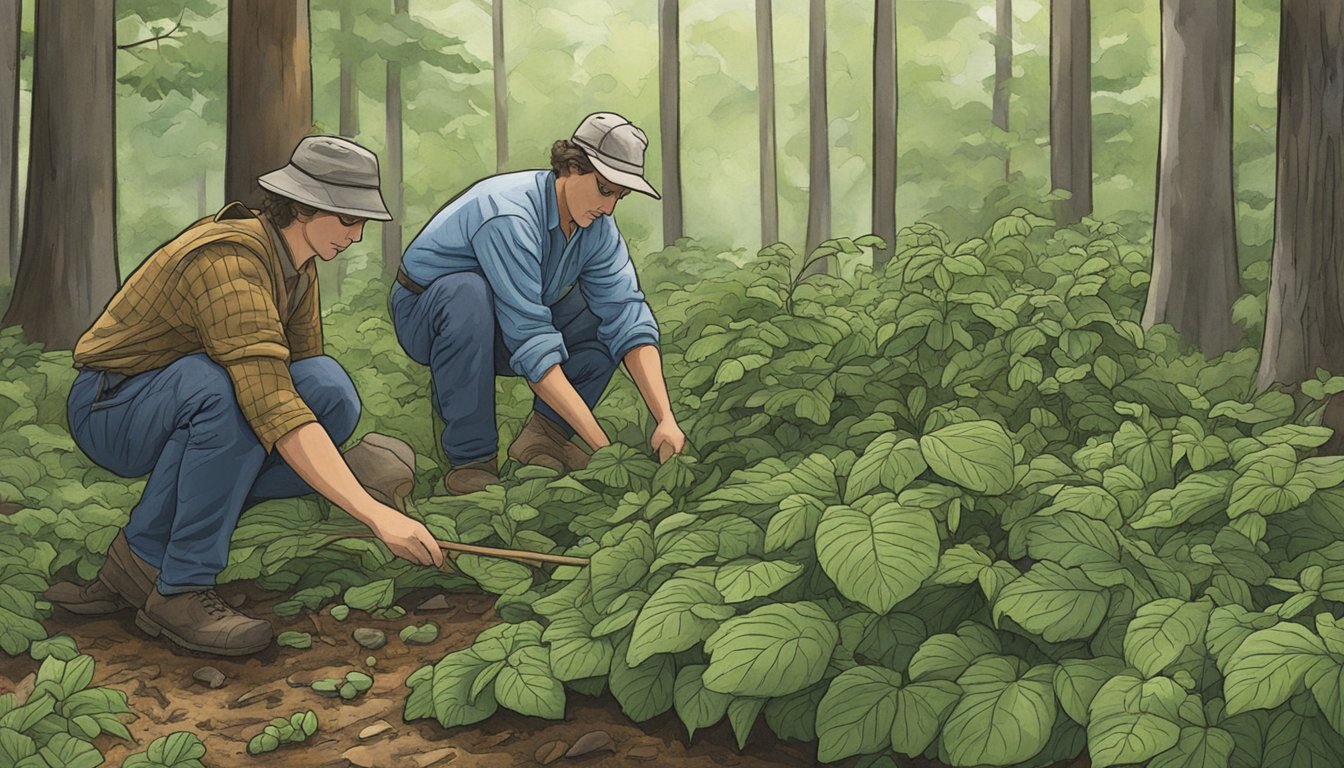 A forest floor with Virginia waterleaf plants being carefully harvested for foraging essentials