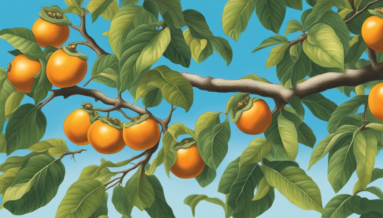 A hand reaching for ripe Texas persimmons on a tree branch, surrounded by lush green leaves and a clear blue sky