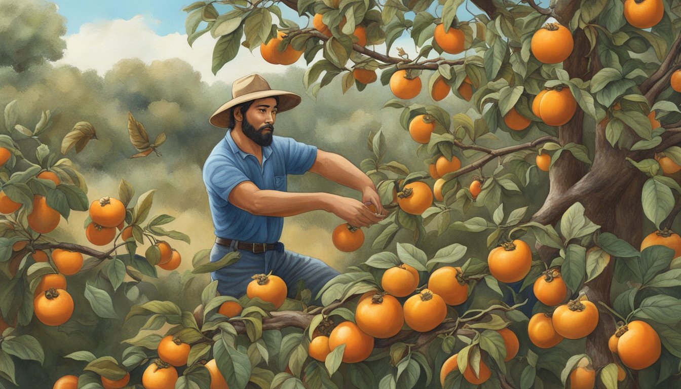 A figure carefully gathers ripe Texas persimmons from the branches, surrounded by a diverse array of native plants and wildlife