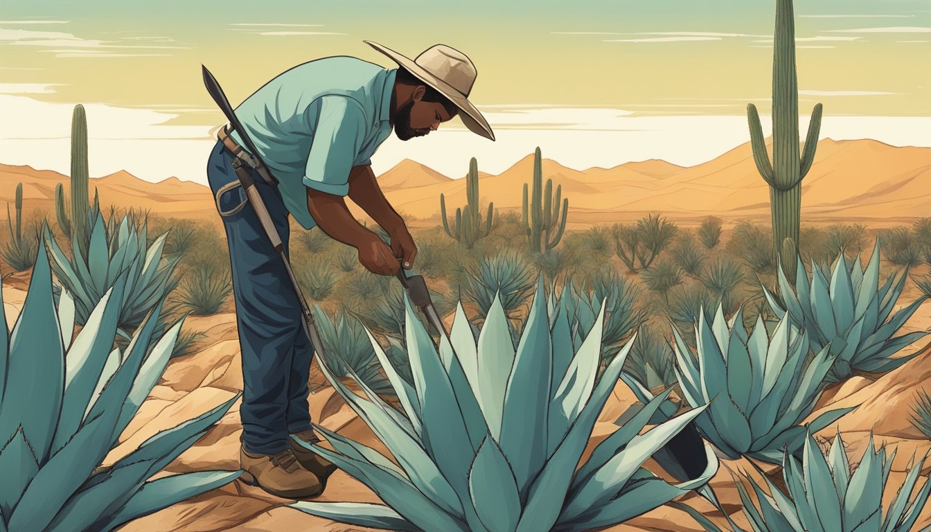 A figure harvesting wild agave in a desert landscape, surrounded by towering agave plants and using a sharp tool to cut the leaves