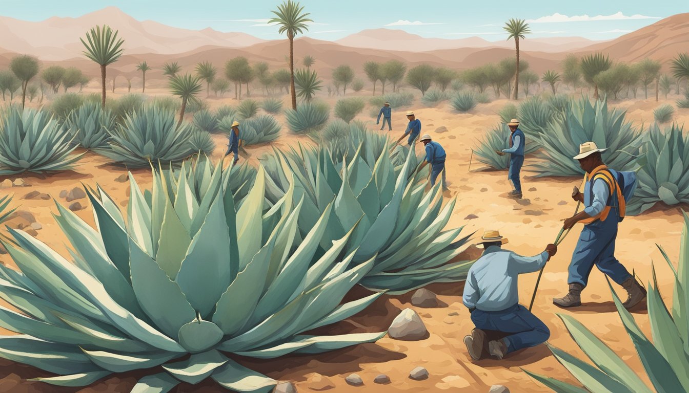 Wild agave plants being carefully foraged and harvested in a desert landscape, with workers processing the plants for utilization