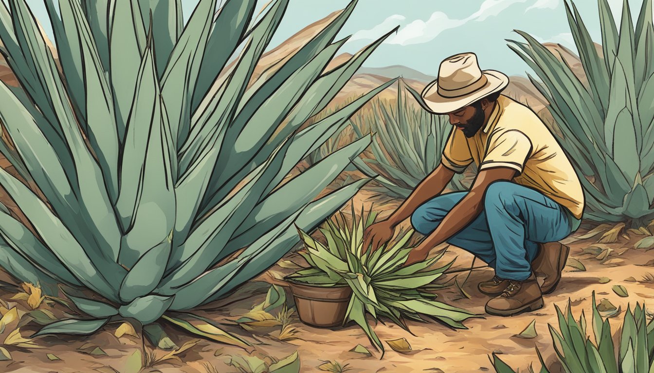 A person forages wild agave, collecting leaves and extracting sap