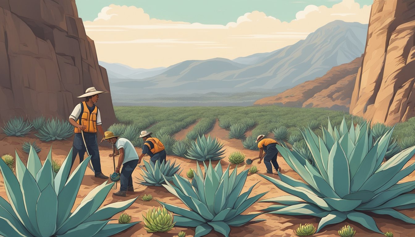 Wild agave being foraged and harvested in a rugged landscape, with workers tending to the plants and collecting the succulent leaves