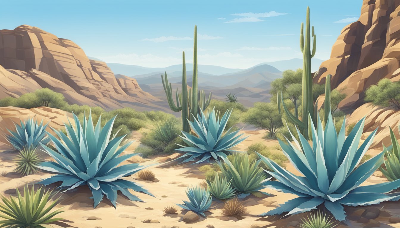 A desert landscape with mature agave plants growing among rocky terrain, under a clear blue sky