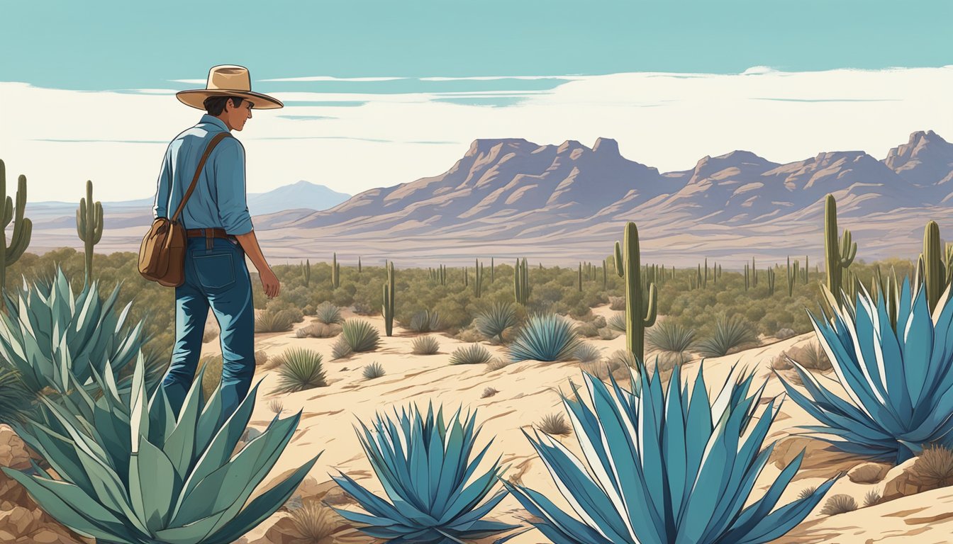 A person foraging for wild agave in a desert landscape, surrounded by cacti and rocky terrain, with a clear blue sky overhead