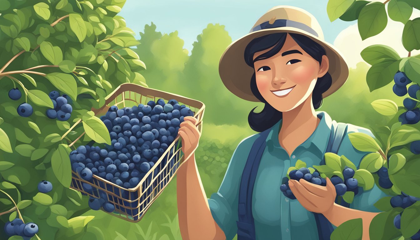 A person harvesting ripe highbush blueberries from a lush, green bush in a sunny field