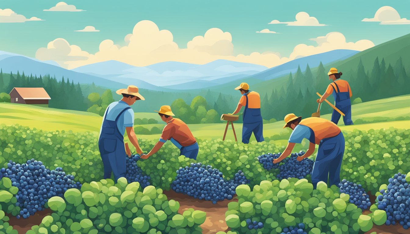 A lush field of highbush blueberry bushes with ripe fruit being harvested by workers