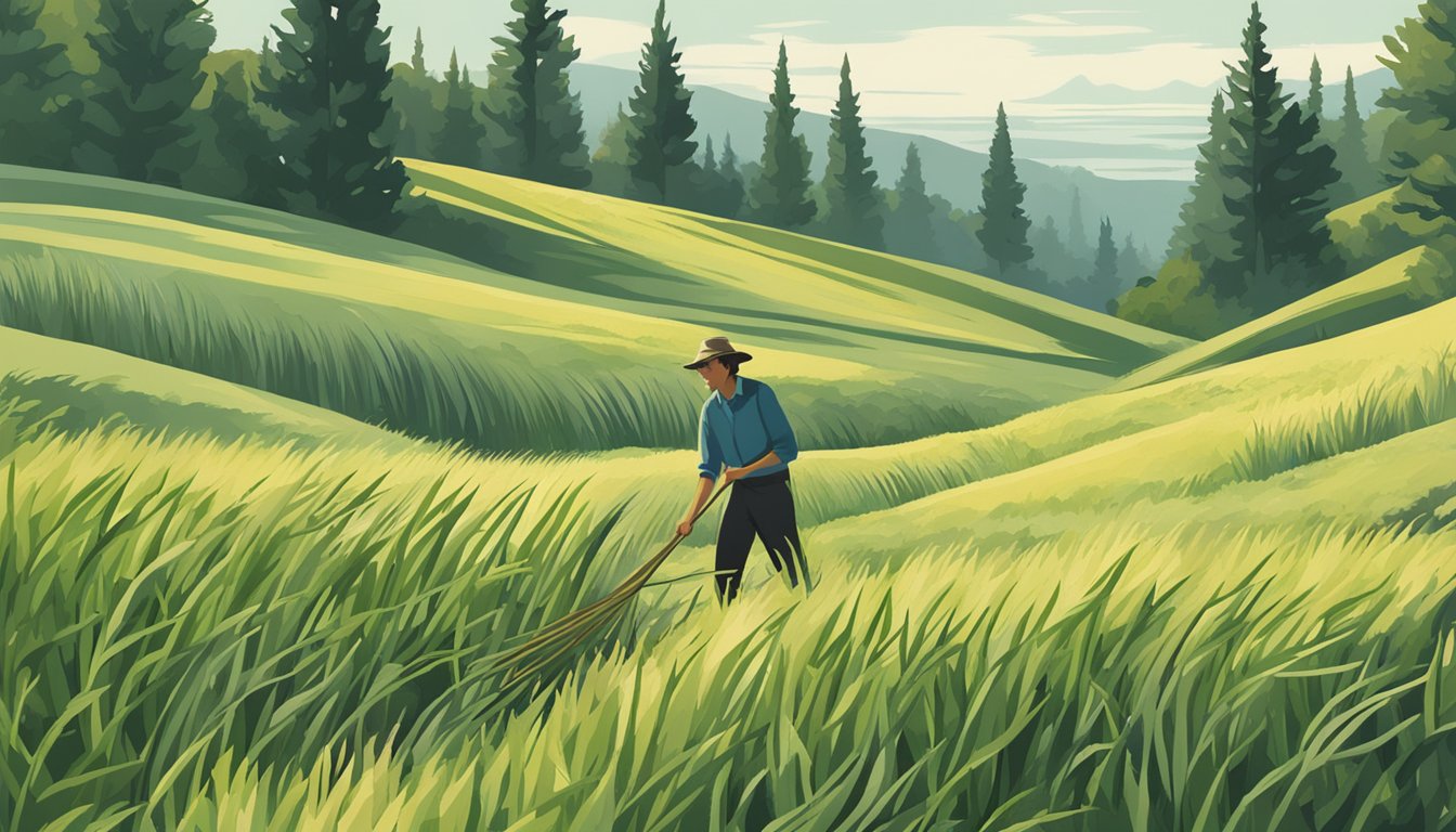 A figure bends to harvest wild asparagus, surrounded by tall grass and trees in a lush, untamed landscape