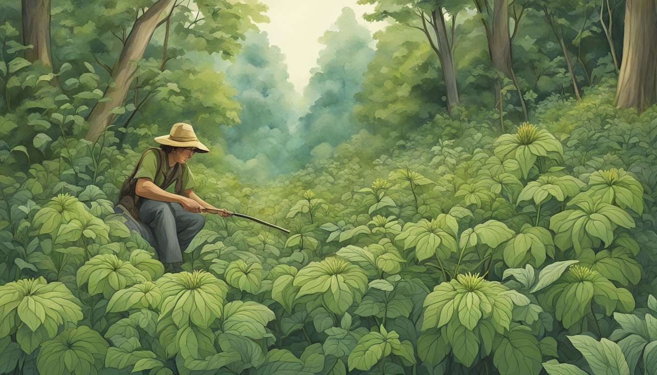 A figure collects wild bergamot in a lush forest clearing, surrounded by various herbs and plants