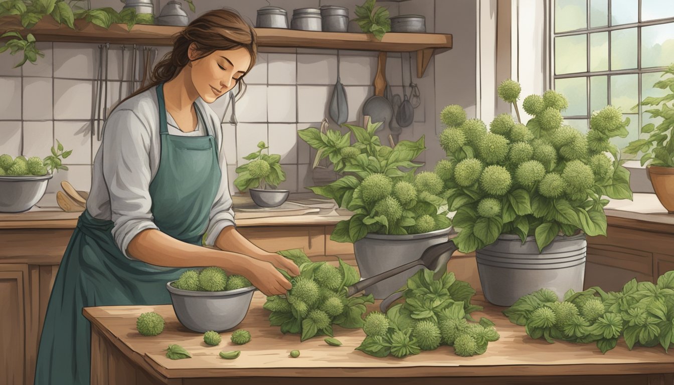 Wild bergamot flowers and leaves being carefully plucked and gathered in a rustic home kitchen