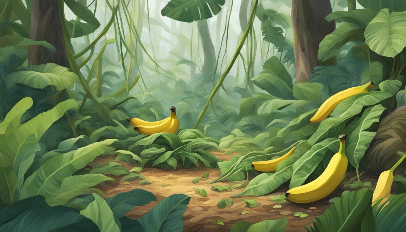 A lush forest floor with tangled vines of banana poka being foraged and harvested by small animals