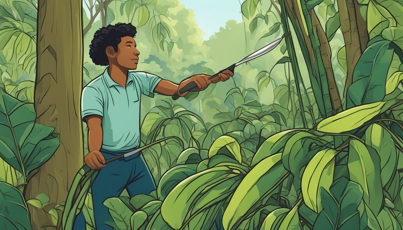 A person using a knife to cut wild banana poka vines from a tree in a lush forest