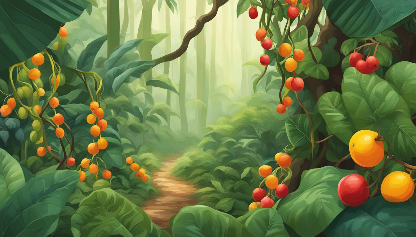 A lush forest floor with wild banana poka vines intertwined with other vegetation, ripe red and orange berries hanging from the vines