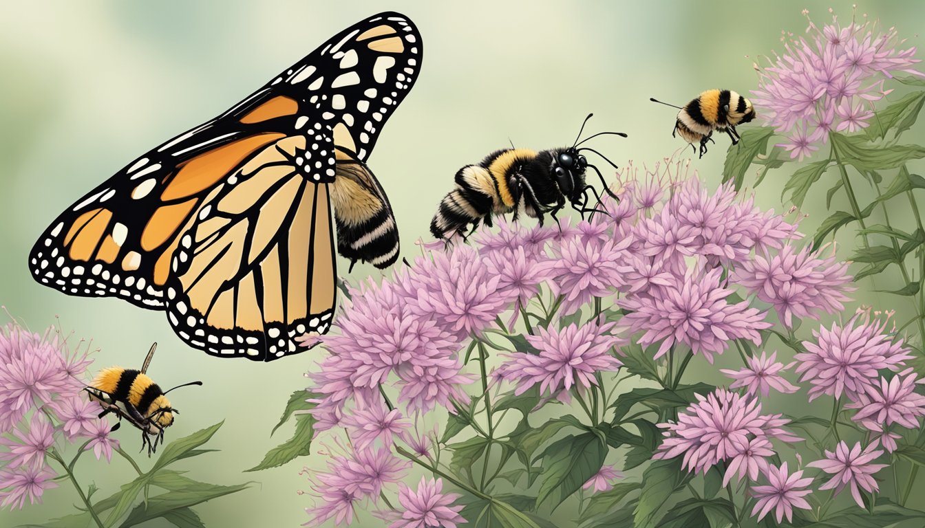 A monarch butterfly sipping nectar from a cluster of Joe Pye weed flowers, while a bumblebee collects pollen