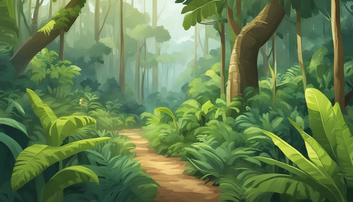 A lush forest with diverse plant life, including wild banana poka growing on trees. Animals forage and interact with the environment