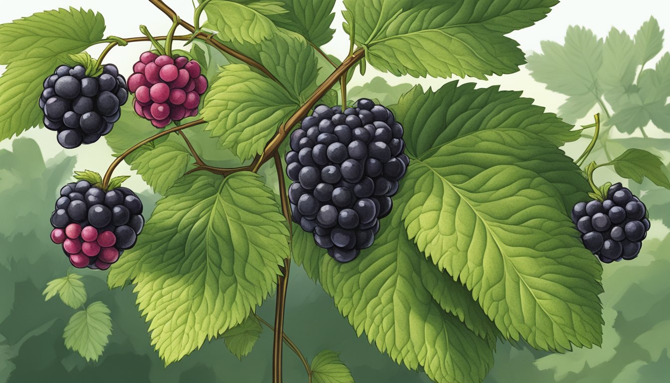 A wild black raspberry bush with ripe berries being foraged and inspected for pests