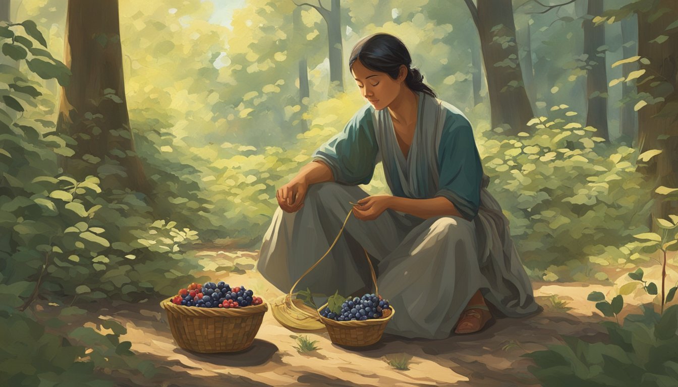 A figure kneels in a sun-dappled forest, carefully plucking ripe berries from low-hanging branches, a woven basket at their side